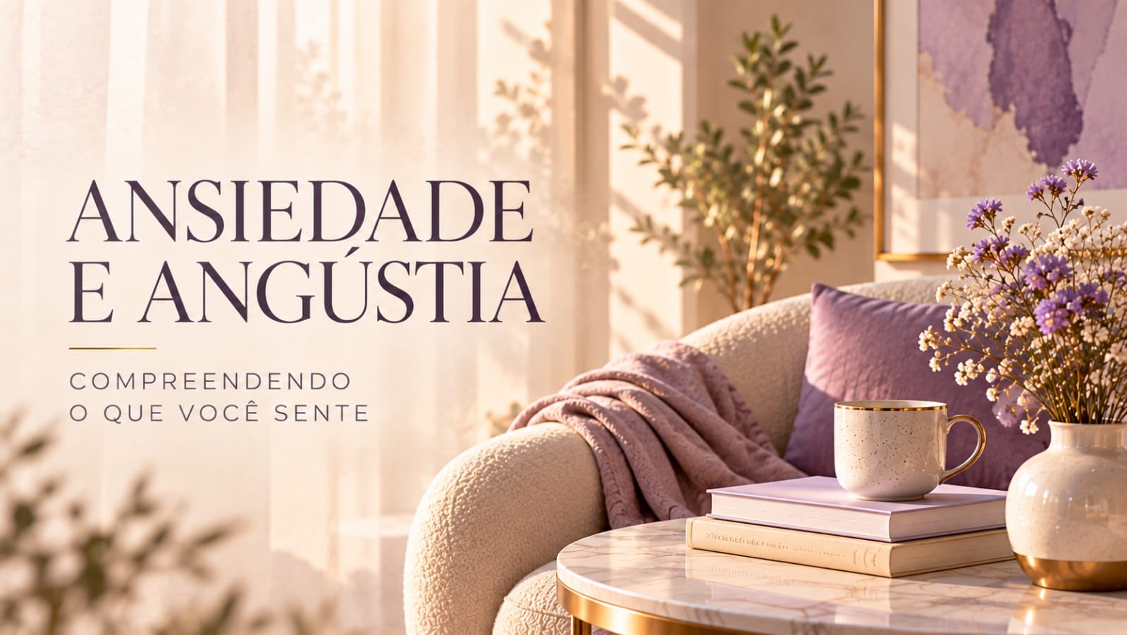 Sala clara com poltrona, manta lilás, xícara sobre livros e flores, com o título Ansiedade e angústia: compreendendo o que você sente
