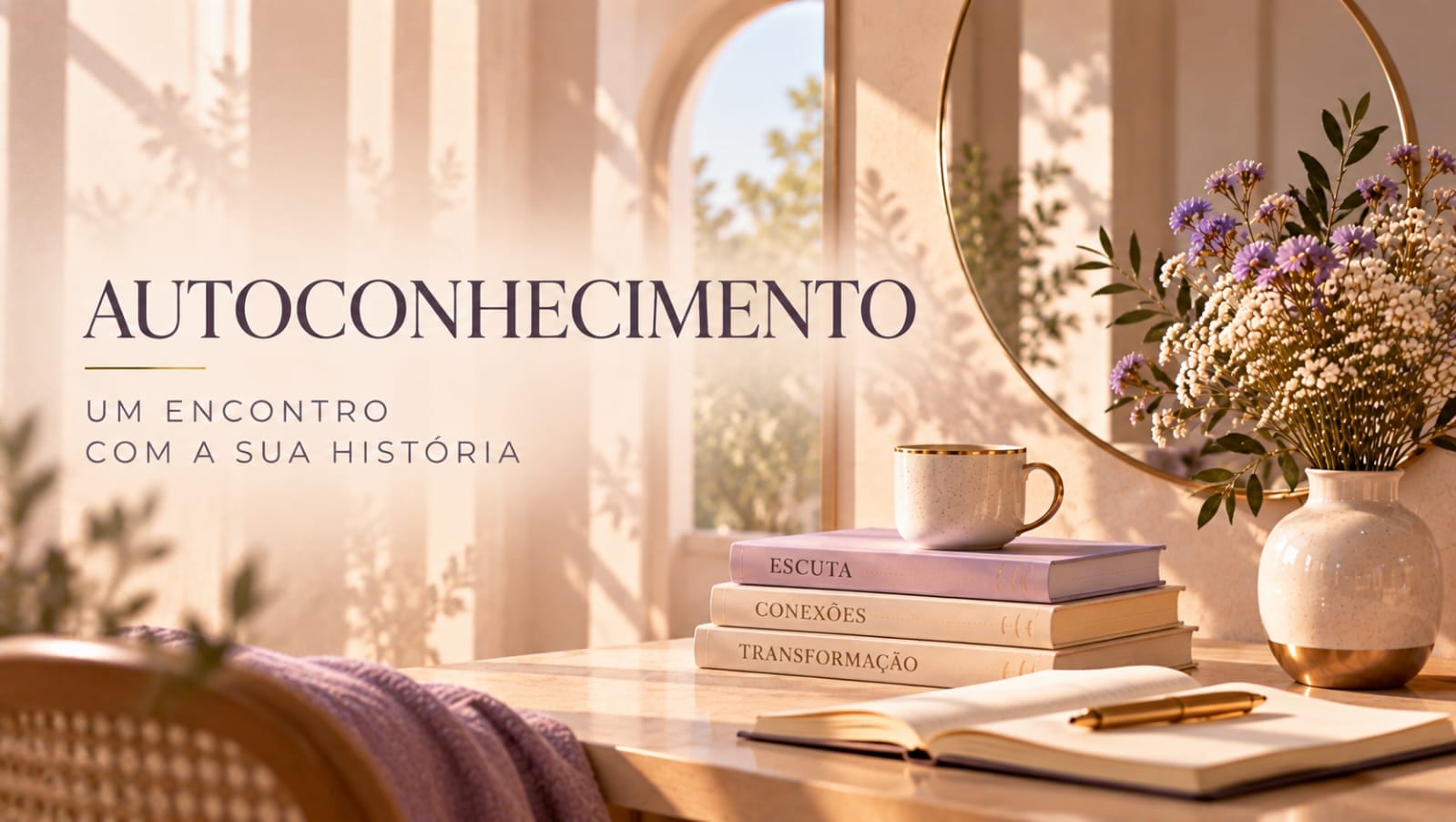 Mesa com caderno aberto, caneta dourada, livros e flores lilás diante de um espelho, com o título Autoconhecimento: um encontro com a sua história