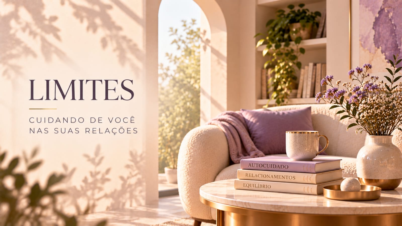 Sala acolhedora com sofá claro, almofada lilás, livros sobre autocuidado e relacionamentos e flores, com o título Limites: cuidando de você nas suas relações