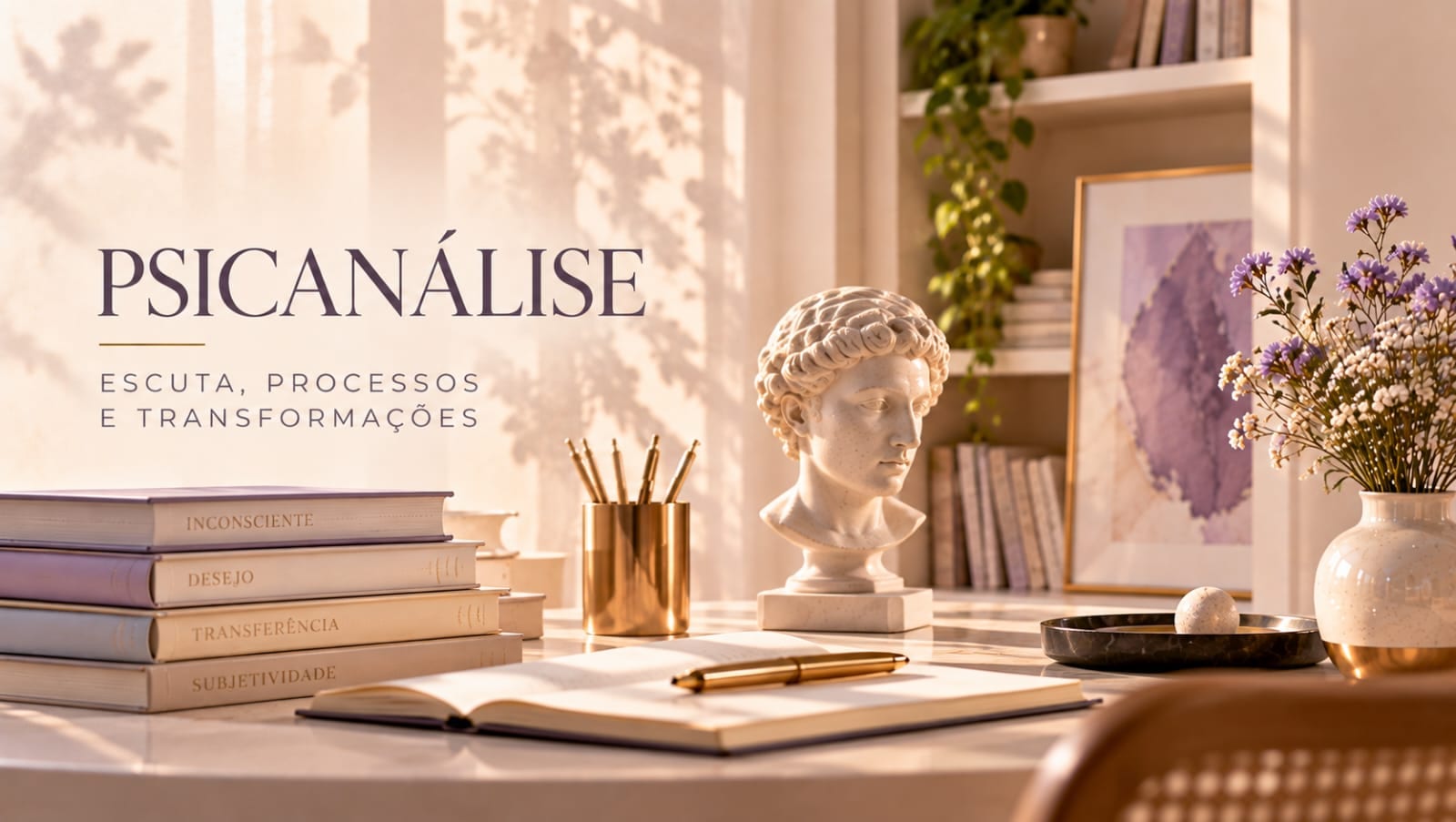 Escrivaninha com busto clássico, livros sobre inconsciente e desejo, caderno e flores lilás, com o título Psicanálise: escuta, processos e transformações